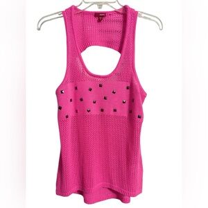 Hot Pink Bongo Studded Open Knit Sweater Tank Top | Size Med Keyhole Back